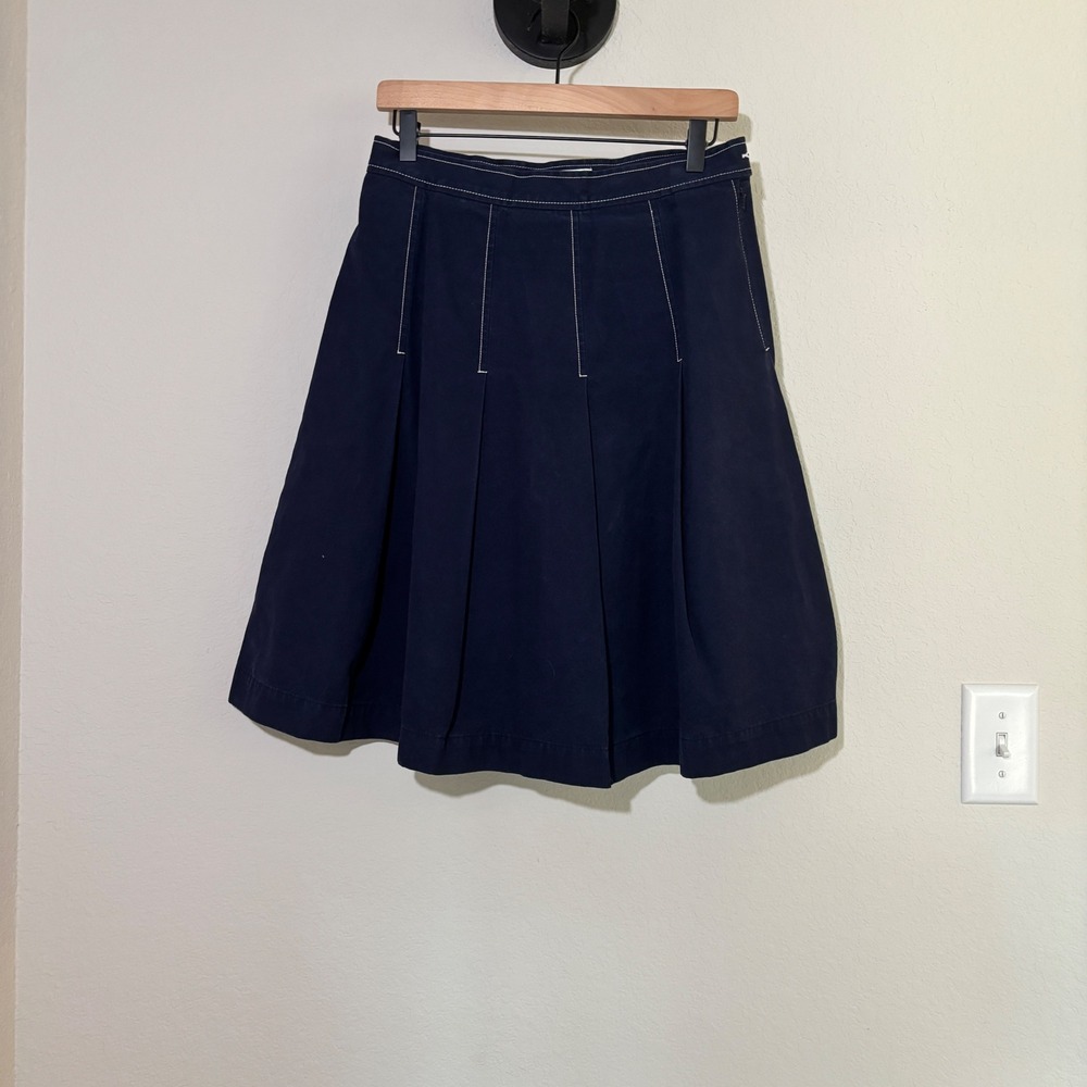 Isaac Mizrahi Skirt Pleated 10 Cotton Navy Blue Contrast Stitch Preppy Academia